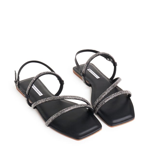 1380-323_1-Rasteira-Sandalia-Preto-com-Tres-Tiras-Strass-Brilho-e-Fivela-Ajustavel-0